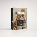 Software box containing a wedding toolkit for adobe lightroom with a happy couple hugging each other.