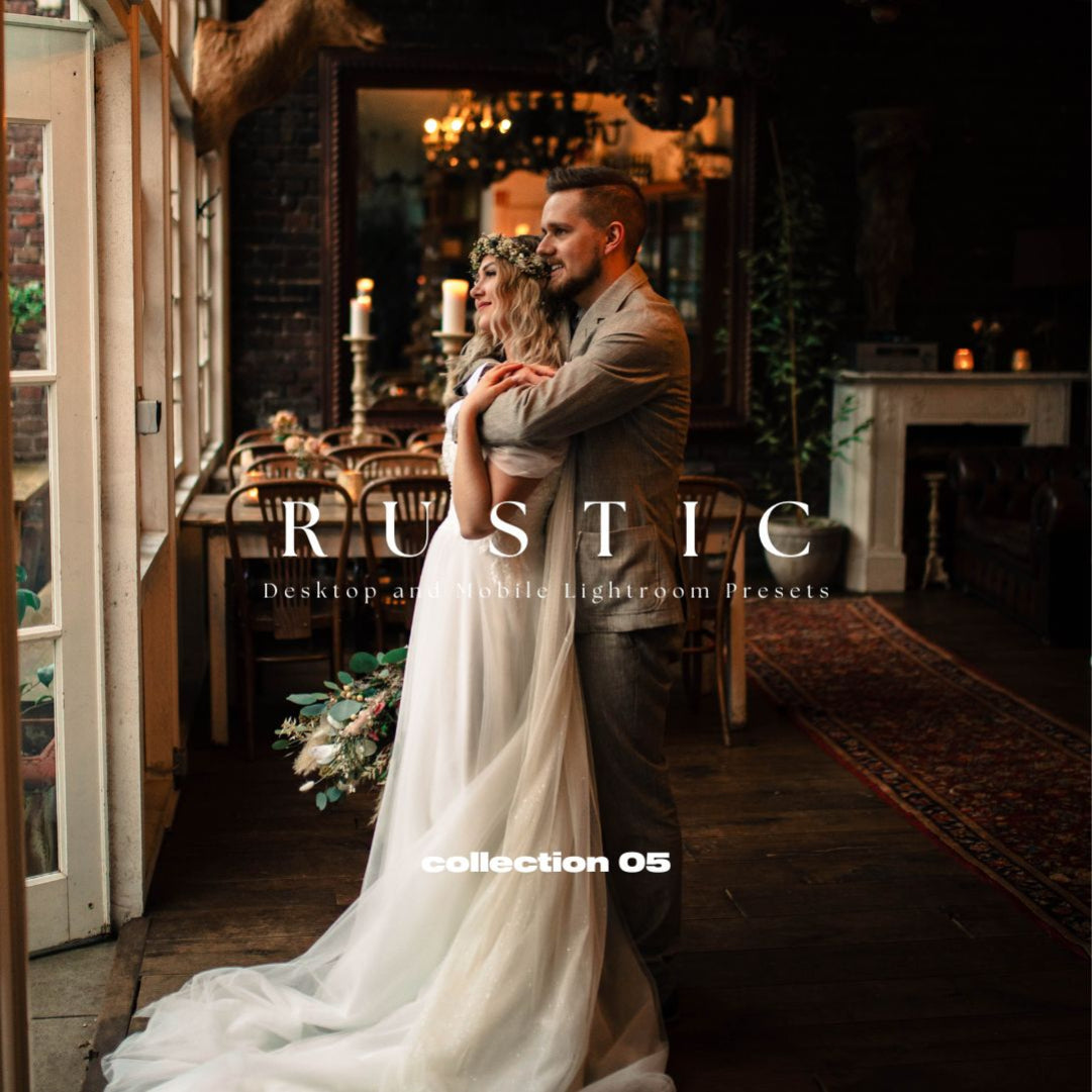 Bride and groom in rustic living room edited with Rustic Wedding Presets