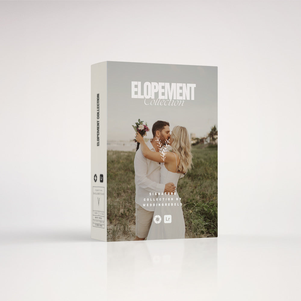Software box with Elopement Presets for Lightroom showing a happy couple on a field